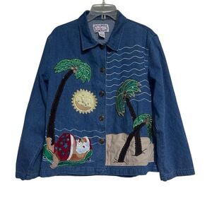 Tantrums Denim Shirt Jacket XXL Blue Embroidered Christmas Santa Beach Tropical